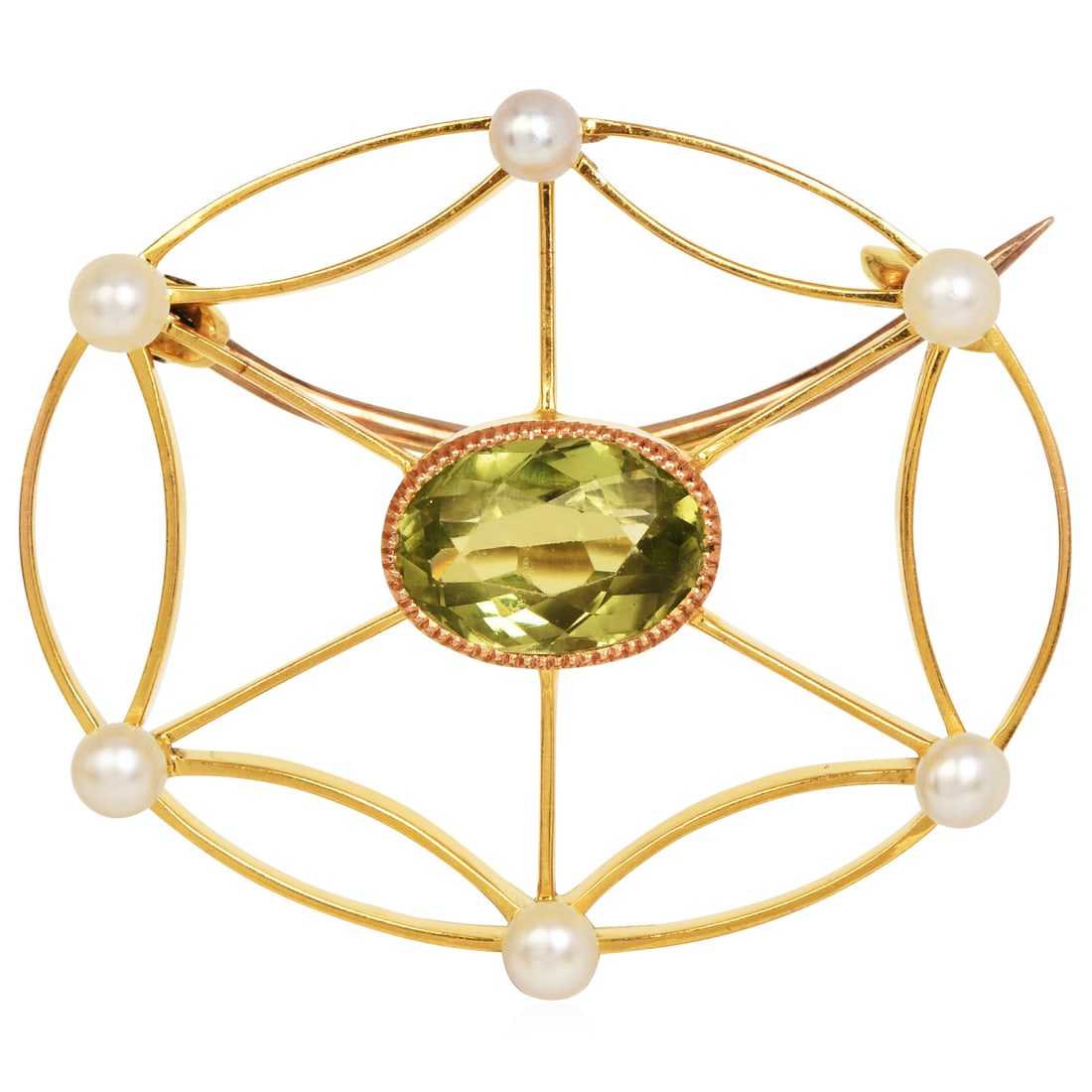 Vintage 1.25ct Peridot Seed Pearl 18K Yellow Gold Brooch Pin 3.2 Grams: Peridot Seed Pearl 18K Yellow Gold Brooch Pin Delicate and timeless, this brooch is crafted in 18K yellow gold and features a vibrant oval-cut peridot accented by six luminous seed pearls. The elegant