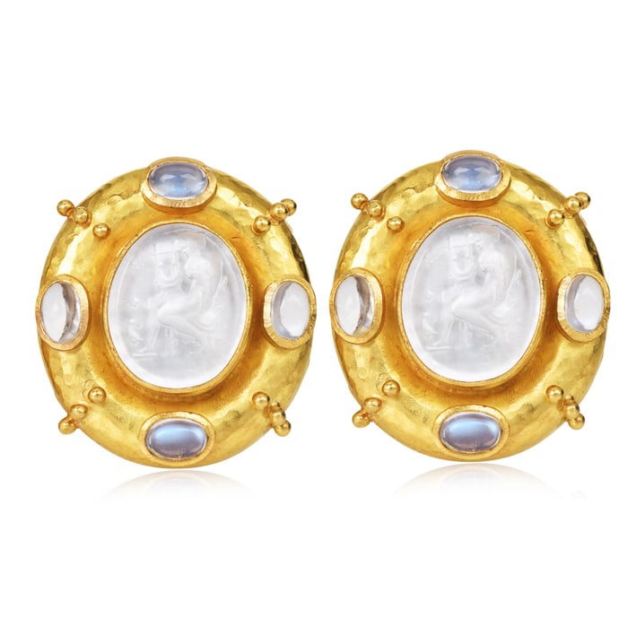 Elizabeth Locke Moonstone 18K Yellow Gold Intaglio Woman Playing Lyre Earrings 31.6 Grams (1 of 6)