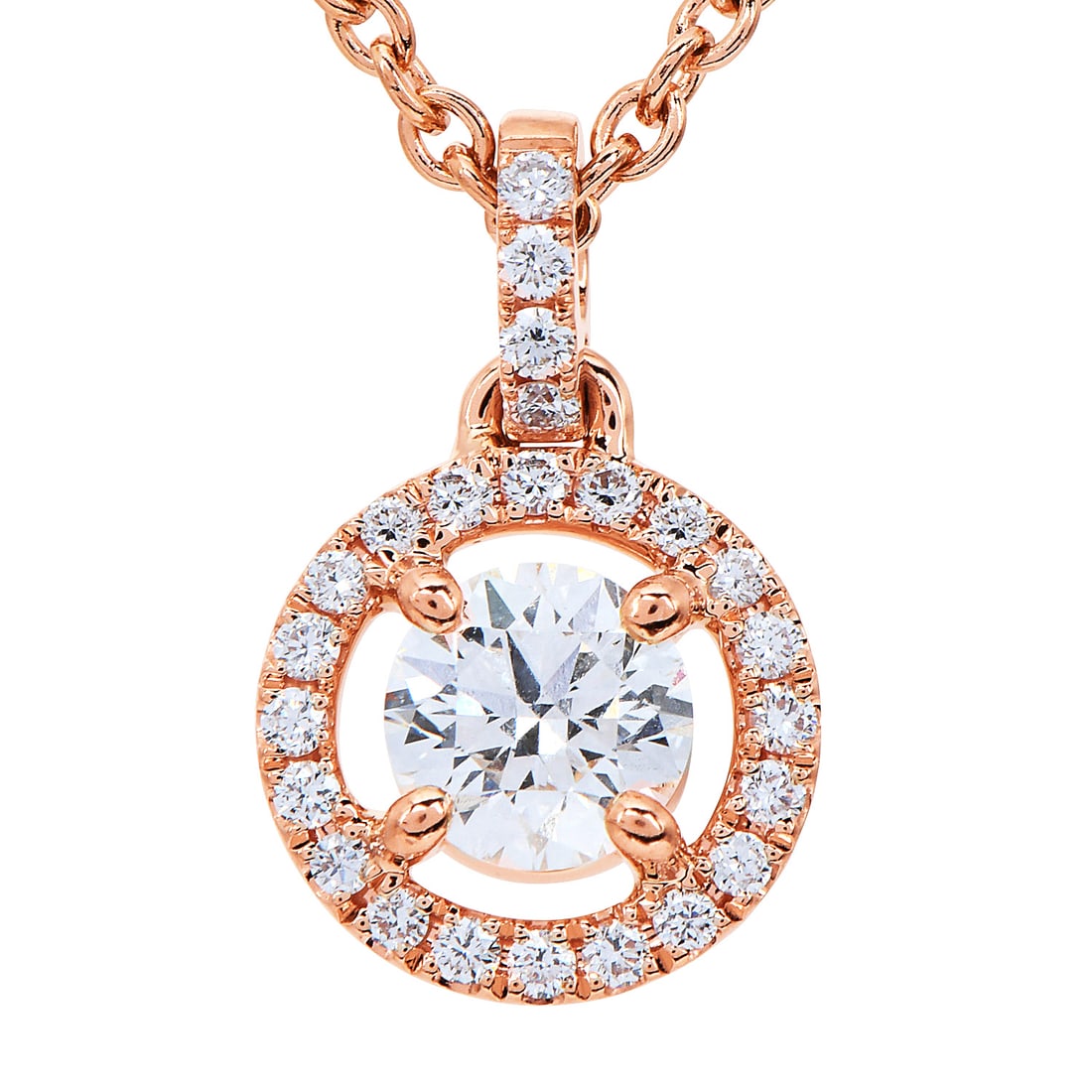 De Beers Aura 0.29ct Diamond 18K Rose Gold Halo Solitaire Pendant Necklace: De Beers Aura Diamond 18K Rose Gold Halo Solitaire Pendant Necklace Brand: De Beers Metal: 18K Rose Gold Total Weight: 2.8 Grams Center Diamond: Approximately 0.20 Carat Halo Di