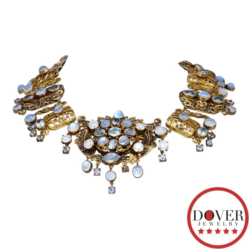 Estate Moonstone Aquamarine CZ Silver 16" Chandelier Statement Necklace 127.4 Grams: Estate Moonstone, Aquamarine & Crystal Gold Tone Silver Chandelier Statement Necklace Metal: Gold Tone Silver Total Weight: Approximately 127.4 Grams Length: Approximately 16 Inches Width