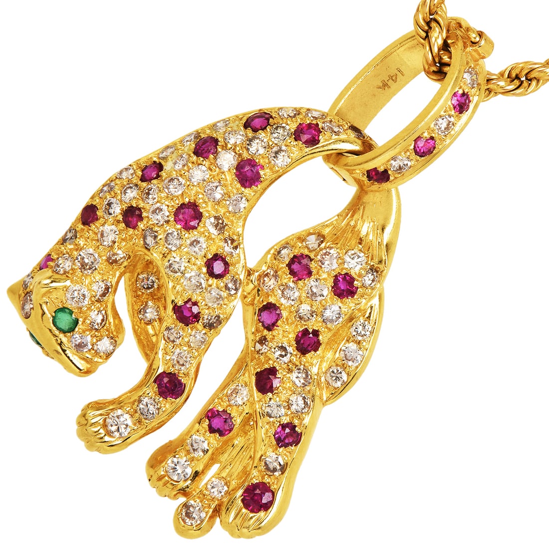 Vintage Diamond 1.56ct Ruby Emerald 14K Yellow Gold Panther Pendant 8 Grams: Vintage Diamond Ruby Emerald 14K Yellow Gold Panther Pendant Metal: 14K Yellow Gold Total Weight: Approximately 8.0 grams Measurements: Approximately 1.5 inches x 1 inch Design: Panther</