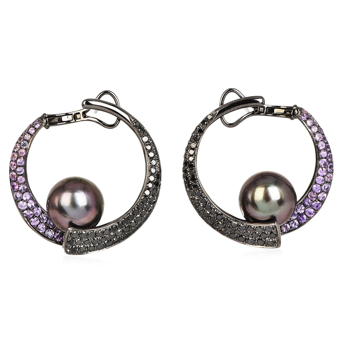 Designer Tahitian Pearl Black Diamond 2.00ct Pink Sapphire 18K Gold Black Rhodium Earrings 14.5 Gram: Designer Tahitian Pearl Black Diamond Pink Sapphire 18K Gold Black Rhodium Earrings Metal: 18K Gold with Black Rhodium Finish Total Weight: Approximately 14.5 grams Designer: RK Hallmark S