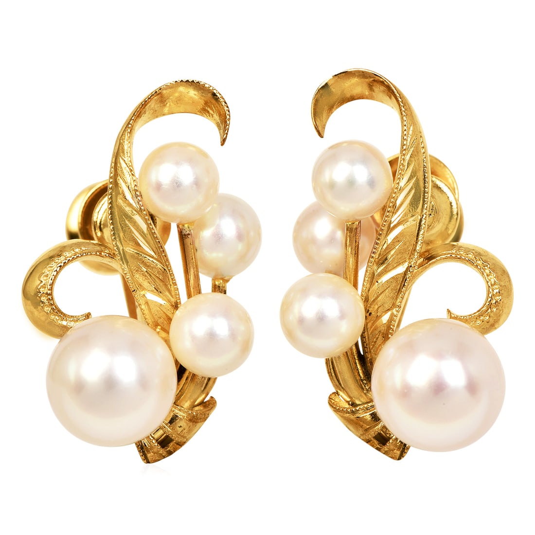 Vintage Mikimoto Pearl 14K Yellow Gold Cluster Earrings 5.5 Grams: Vintage Mikimoto Pearl 14K Yellow Gold Cluster Earrings Designer: Mikimoto Metal: 14K Yellow Gold Pearls: 8 Pearls Largest Pearl Measurement:</