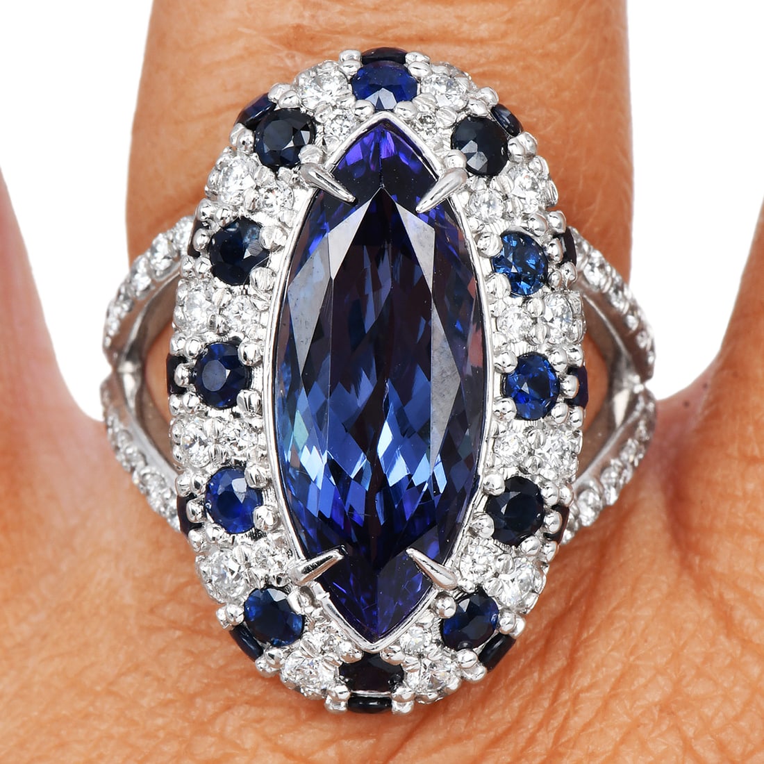GIA Tanzanite Diamond 12.16ct Sapphire 14K White Gold Marquise Cocktail Ring (1 of 6)