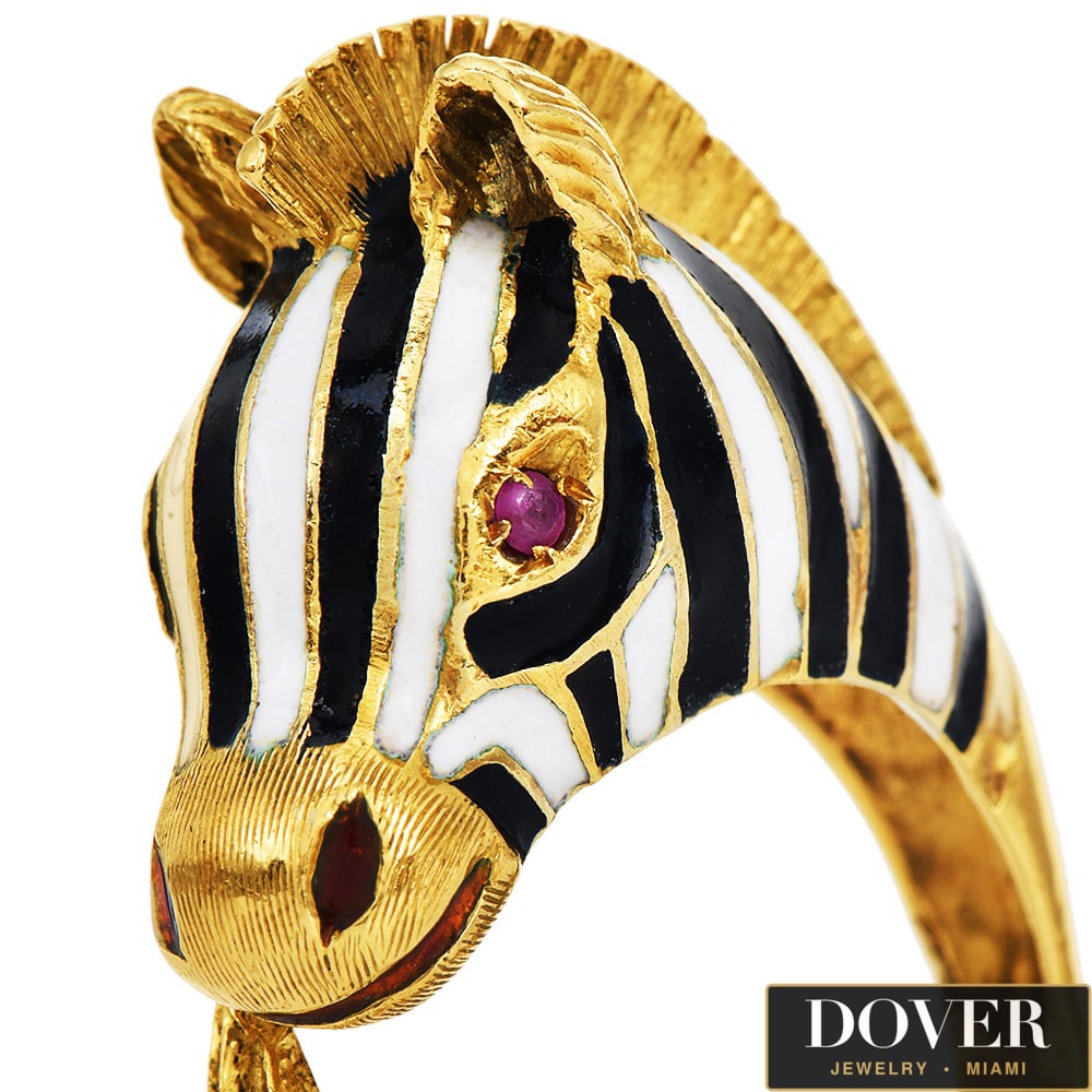 Vintage Italian Zebra Head 18K Yellow Gold Black White Enamel Cocktail Ring 14 Grams (1 of 5)