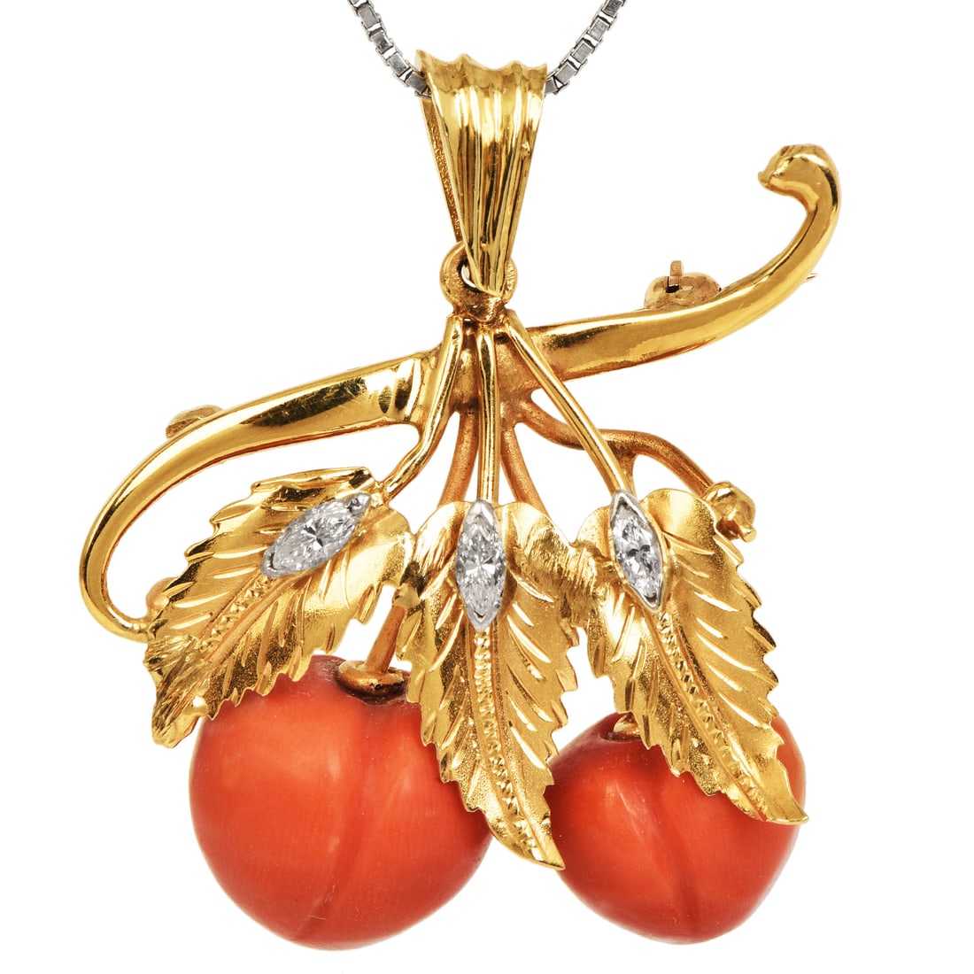 Vintage Diamond & Coral 18K Yellow Gold Cherry Blossom Brooch Pin 9.8 Grams: Vintage Diamond & Coral 18K Yellow Gold Cherry Blossom Brooch Pin Metal: 18K Yellow Gold Total Weight: Approximately 9.8 Grams Design: Cherry Blossom Brooch Pin Coral: 2 Natural Coral Bea