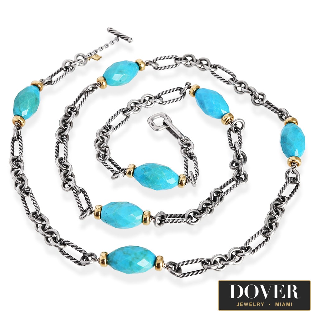 David Yurman Turquoise 18K Gold Silver Figaro Station Necklace 90.1 Grams: David Yurman Turquoise 18K Yellow Gold & Sterling Silver Figaro Station Necklace Designer: David Yurman Hallmarks: "D.Y." Metal: 18K Yellow Gold & Sterling Silver Total Weight: Approximat
