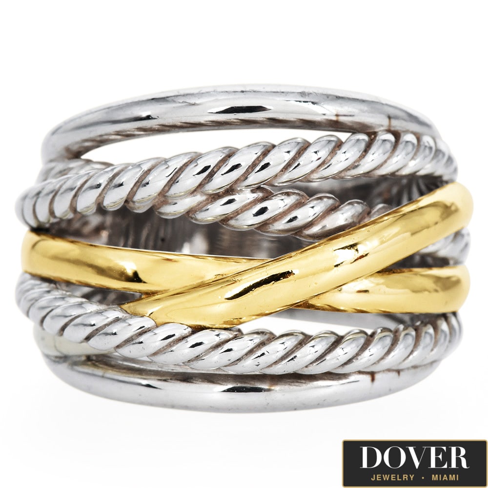 David Yurman 14K Yellow Gold Silver Wide Crossover Band Ring 19.2 Grams: David Yurman 14K Yellow Gold & Silver Wide Crossover Band Ring Designer: David Yurman Metal: 14K Yellow Gold and Silver Hallmark: "D.Y." Total