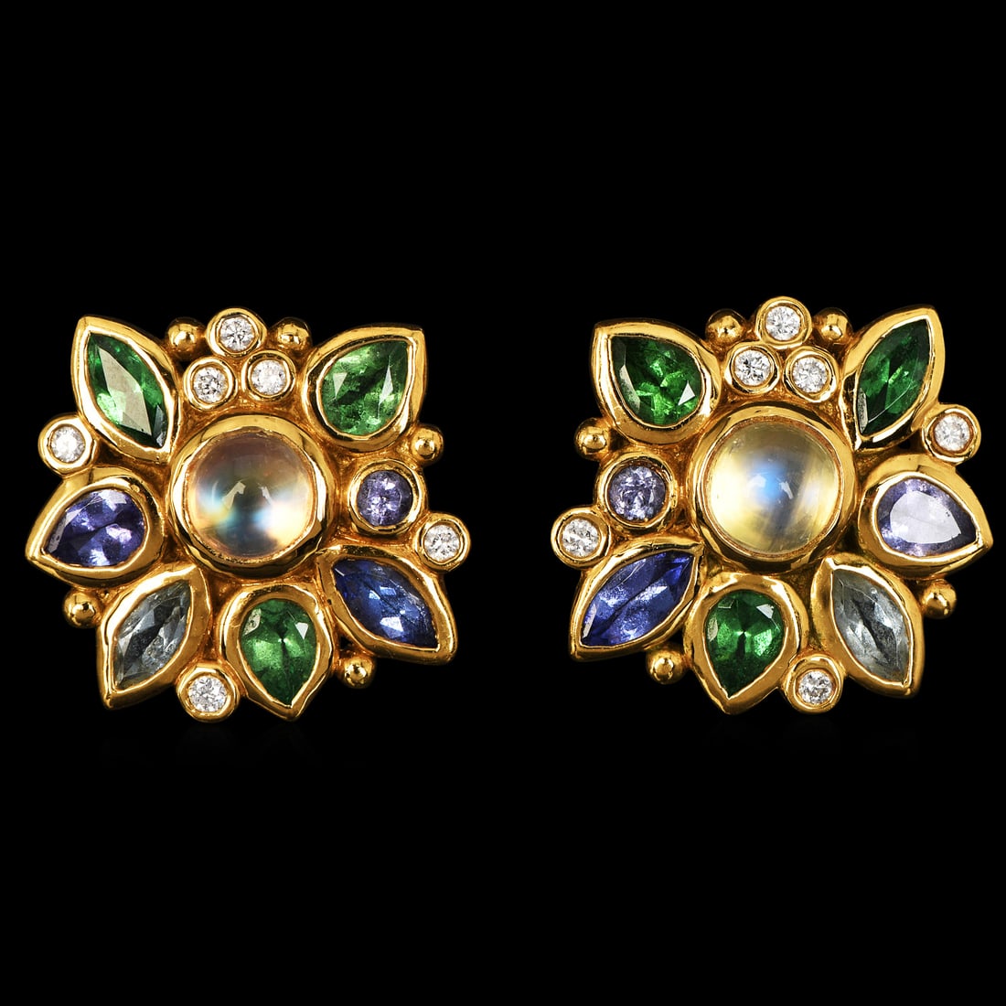 Temple St. Clair Anima Collection 18K Yellow Gold Diamond, Moonstone, Tsavorite Tanzanite Earrings: Temple St. Clair Anima Collection 18K Yellow Gold Diamond, Moonstone, Tsavorite & Tanzanite Earrings Designer: Temple St. Clair Collection: Anima Metal: 18K Yellow Gold Hallmarks: 750 & T
