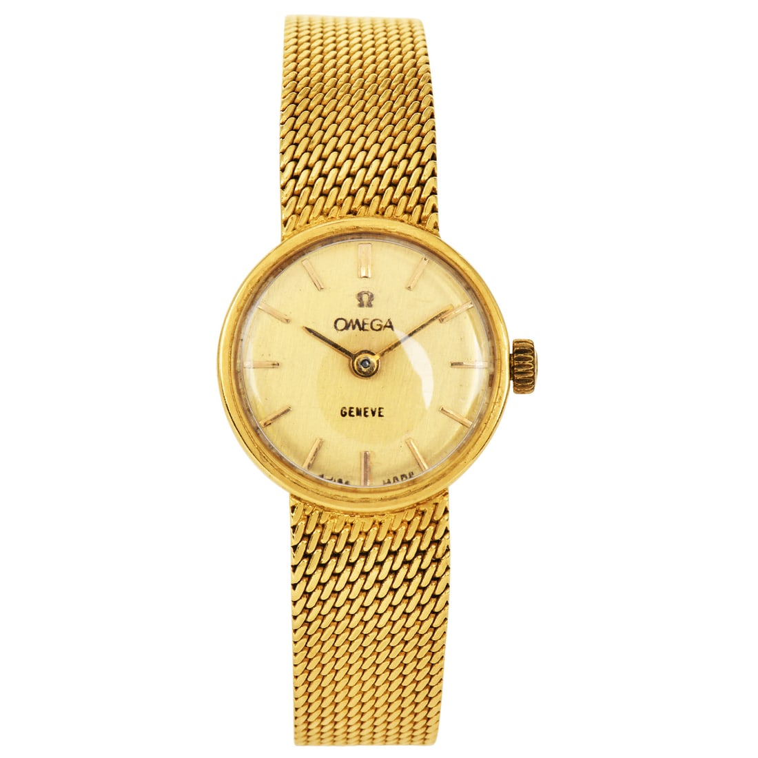 Vintage Ladies Omega Geneve 18K Yellow Gold Mesh Watch 32.27 Grams: Vintage Ladies Omega Geneve 18K Yellow Gold Mesh Watch Brand: Omega Model: Geneve Metal: 18K Yellow Gold Bracelet: 18K Yellow Gold Mesh Br