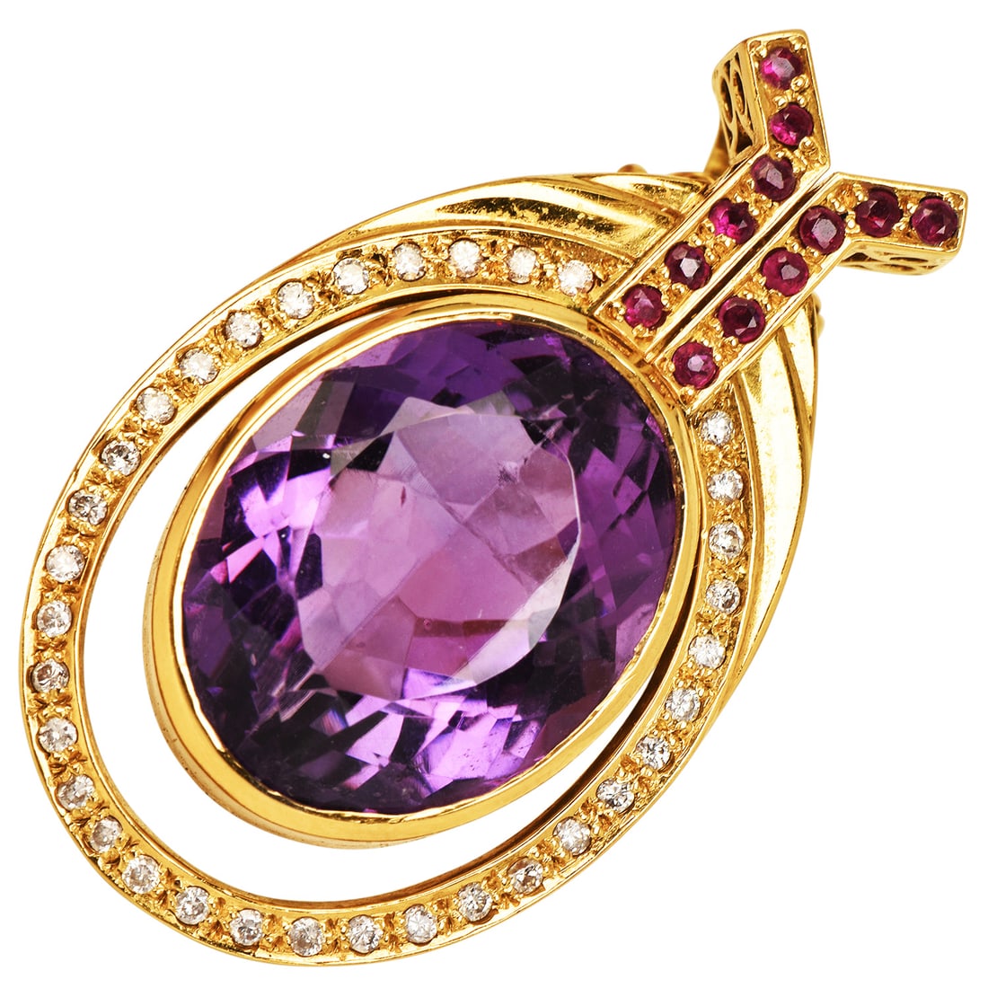 Vintage Amethyst, Diamond & Ruby 18K Yellow Gold Pendant 15.3 Grams: Vintage Amethyst, Diamond & Ruby 18K Yellow Gold Pendant Metal: 18K Yellow Gold Center Stone: Amethyst, Oval-Cut Amethyst Color: Even Color Dia