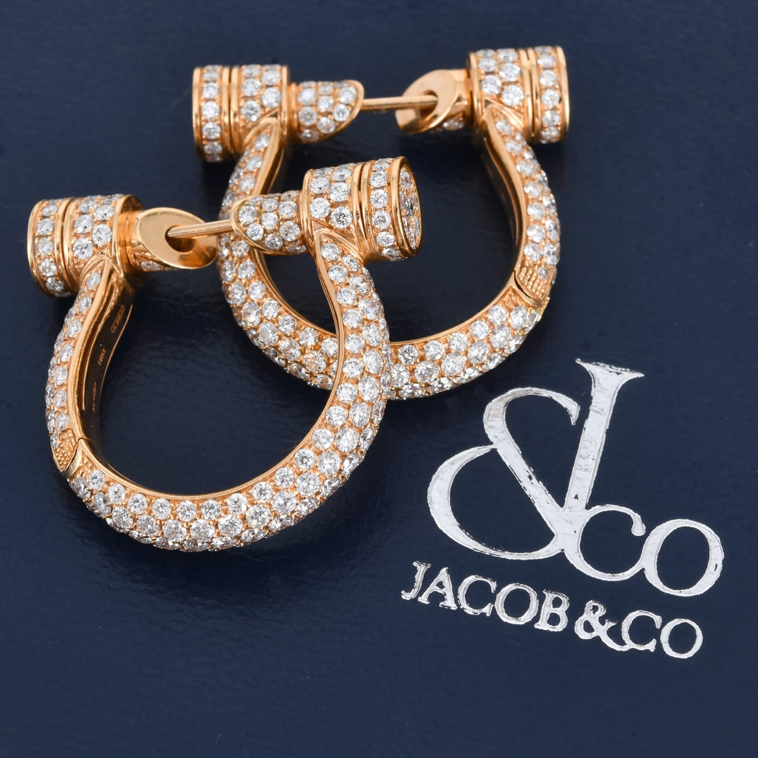 Jacob and Co Estribo 2.00ct Diamond 18K Rose Gold Full Pave Earrings: Jacob and Co Estribo 18K Rose Gold Diamond Earrings Collection: Estribo, this design is discontinued Metal: 18K Rose Gold Total Weight: Approximately 19.4 grams<