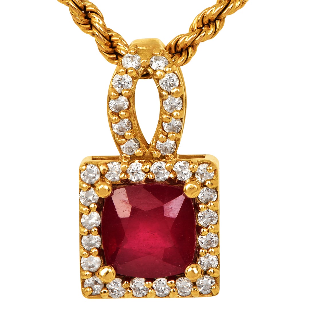 Estate Diamond 3.20ct Ruby 18K Yellow Gold Halo Pendant 4.30 Grams: Estate Diamond & Ruby 18K Yellow Gold Pendant Metal: 18K Yellow Gold Total Weight: 4.3 Grams Diamond Weight: Approximately 0.50 Carats Total Diamond Color: G?H Diamond Clarity: