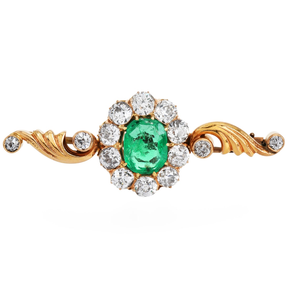 Vintage GIA Colombian F1 Emerald 3.55ct Diamond 18K Yellow Gold Brooch Pin 10.3 Grams: Vintage GIA Colombian F1 Oval Emerald & Diamond 18K Yellow Gold Brooch Gemstone: Natural Colombian Emerald Emerald Shape: Oval Emerald Weight: Approximately 1.25