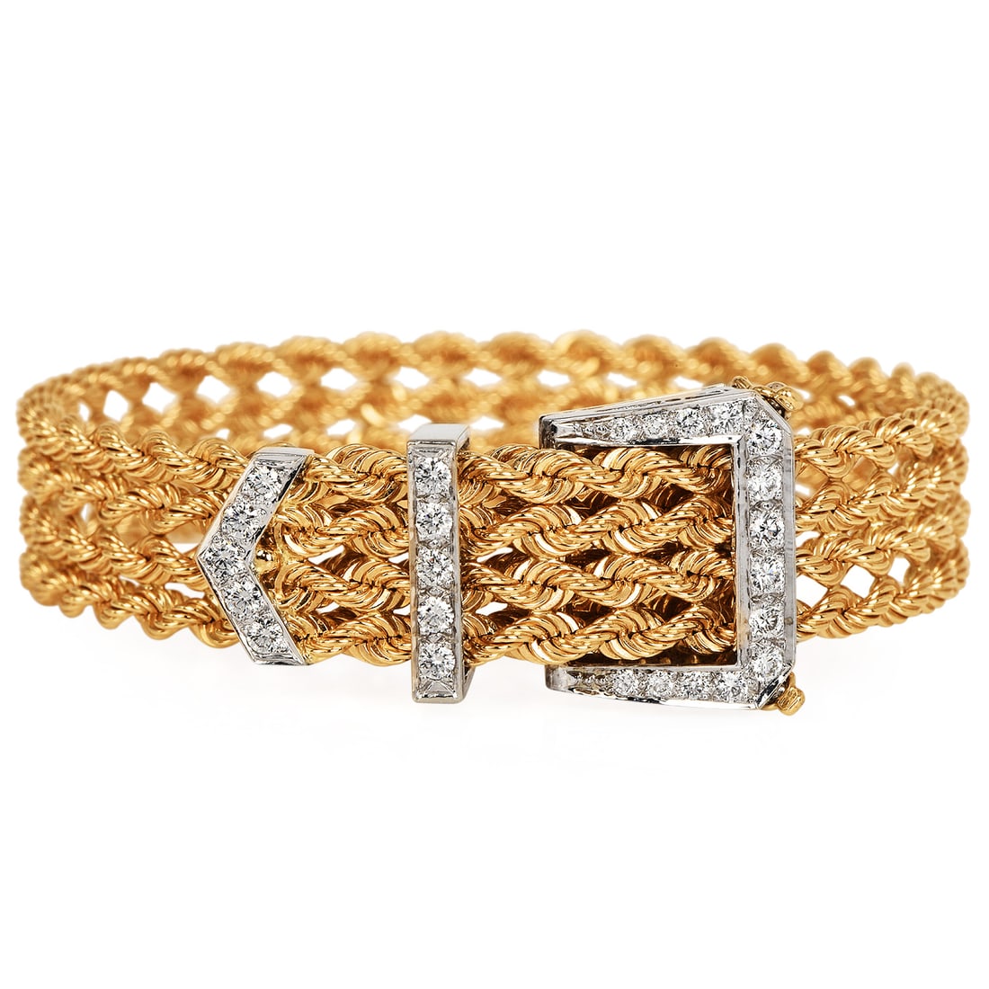 Vintage 1.00ct Diamond 14K Yellow White Gold Rope Buckle Bracelet 50 Grams: Vintage Diamond 14K Yellow Gold Rope Buckle Bracelet Metal: 14K White and Yellow Gold Design: Rope Design, Belt Buckle Style Diamonds: Round Brilliant-Cut