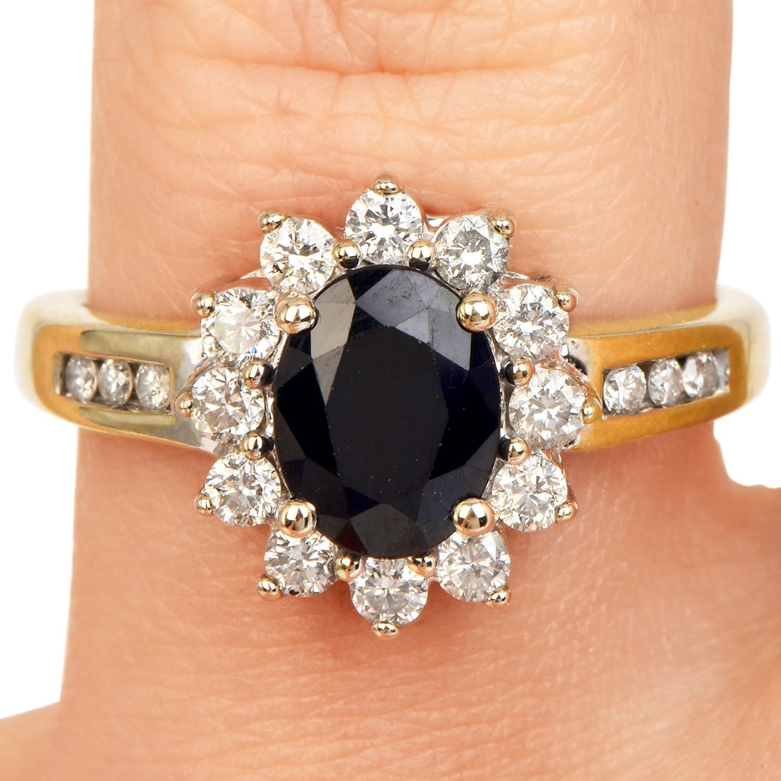 Estate Sapphire 1.45ct Diamond 14K White Yellow Gold Halo Cocktail Ring 4.6 Grams: Estate Sapphire & Diamond 14K White Gold Halo Cocktail Ring Metal: 14K White Gold Center Stone: Sapphire, Oval-Cut Sapphire Color: Dark Blue Sa