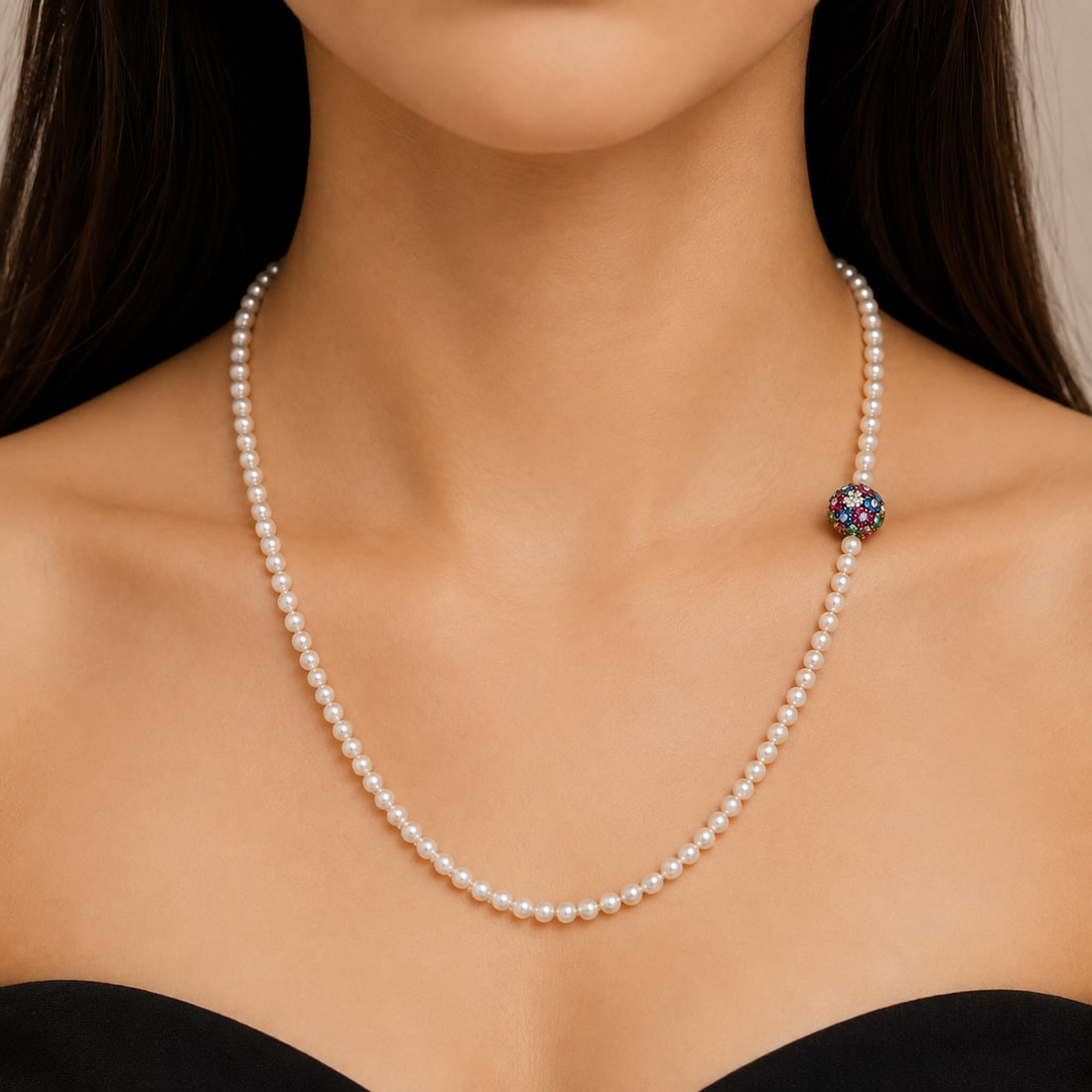 Vintage Sapphire Ruby 2.27ct Diamond Emerald Akoya Pearl 18K Two Tone Floral Necklace 72.6 Grams: Vintage Multi-Gemstone Pearl Floral 18K Gold Necklace Metal: 18K White Gold & 18K Yellow Gold Length: Approximately 35 inches Primary Stones: Japanese Akoya Cult