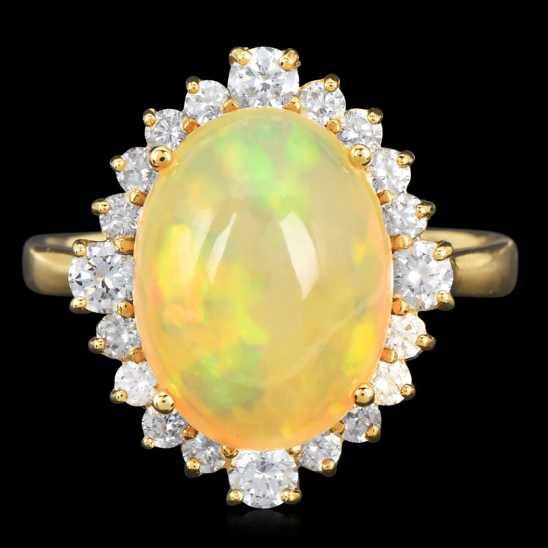 Estate Opal 6.00ct Diamond 18K Yellow Gold Halo Cocktail Ring 8.8 Grams: Estate Opal & Diamond 18K Yellow Gold Halo Cocktail Ring Metal: 18K Yellow Gold Primary Stone: Opal Estimated Carat Weight: Approximately 5.00 carats A