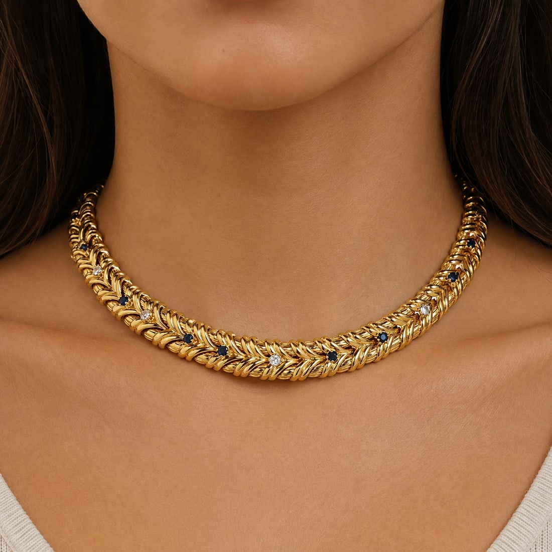 1948 Van Cleef & Arpels VCA Sapphire 5.00ct Diamond 18K Gold Necklace Bracelets 120.5 Grams: Van Cleef & Arpels Sapphire & Diamond Link Choker Necklace / Convertible Bracelets18K Yellow Gold ? Signed ? With Appraisal