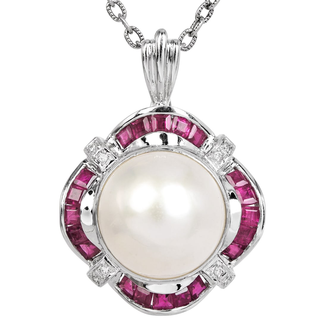 Mabe Pearl Ruby 1.30ct Diamond 14K White Gold Enhancer Pendant 7.9 Grams: Mabé Pearl, Ruby and Diamond 14K White Gold Enhancer Pendant Metal: 14K White Gold Primary Gemstone: Mabé Pearl Mabé Pearl Measurements: Approximately 14.60 mm x