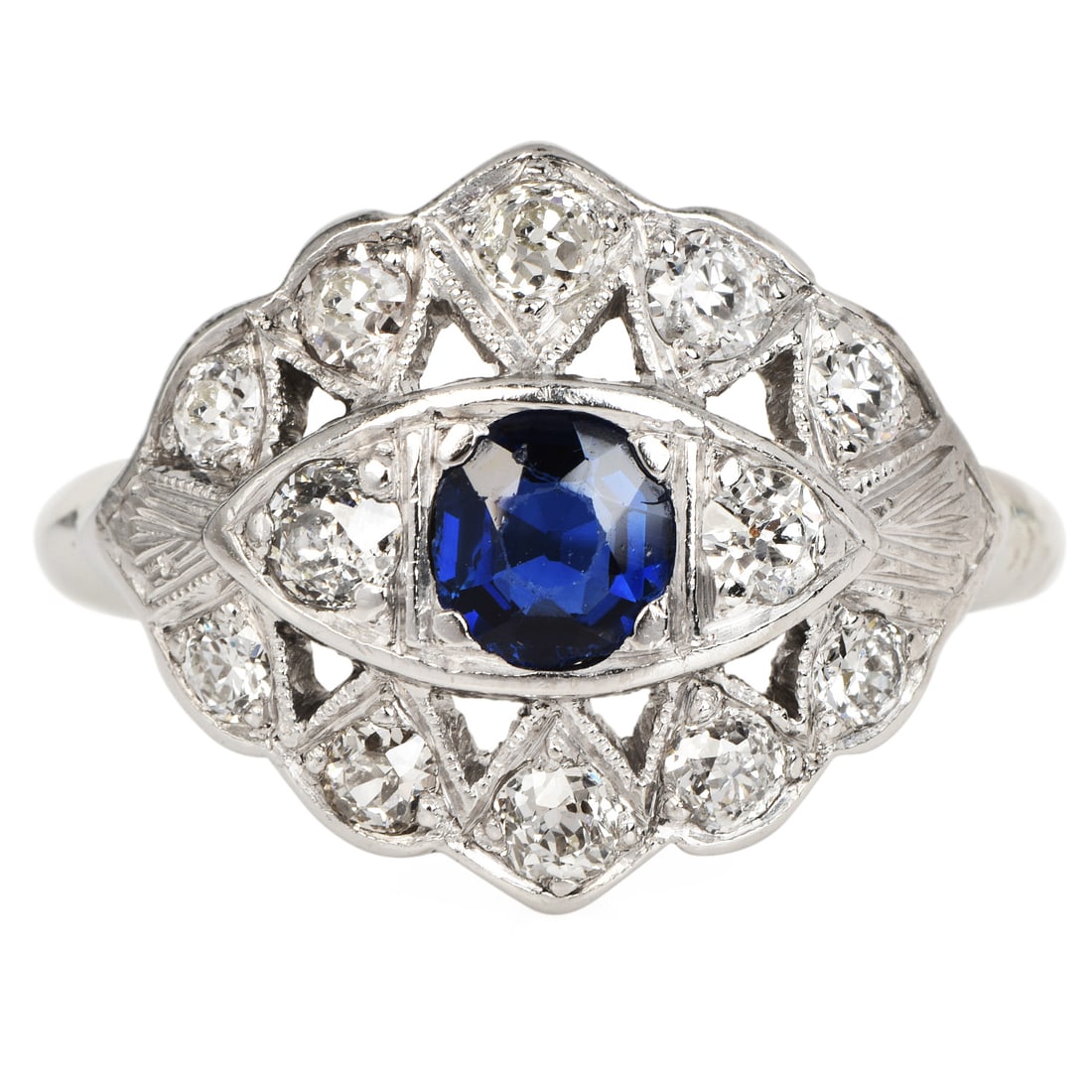 Art Deco Sapphire 1.60ct Diamond Palladium 14K Gold Cocktail Ring 4.9 Grams: Art Deco Sapphire & Diamond Palladium and 14K Gold Cocktail Ring Era: Art Deco SKU: SVOL-01 Total Weight: Approximately 4.9 grams Center St