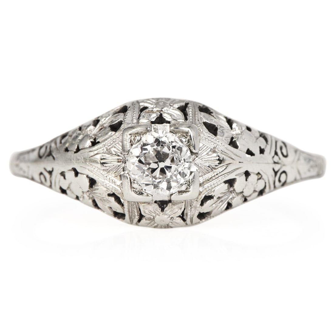 Art Deco 0.35ct Diamond 18K White Gold Filigree Engagement Ring: Art Deco Diamond 18K White Gold Engagement Ring Era: Art Deco SKU: SVOL-02 Total Weight: Approximately 2.7 grams Center Diamond: Old E