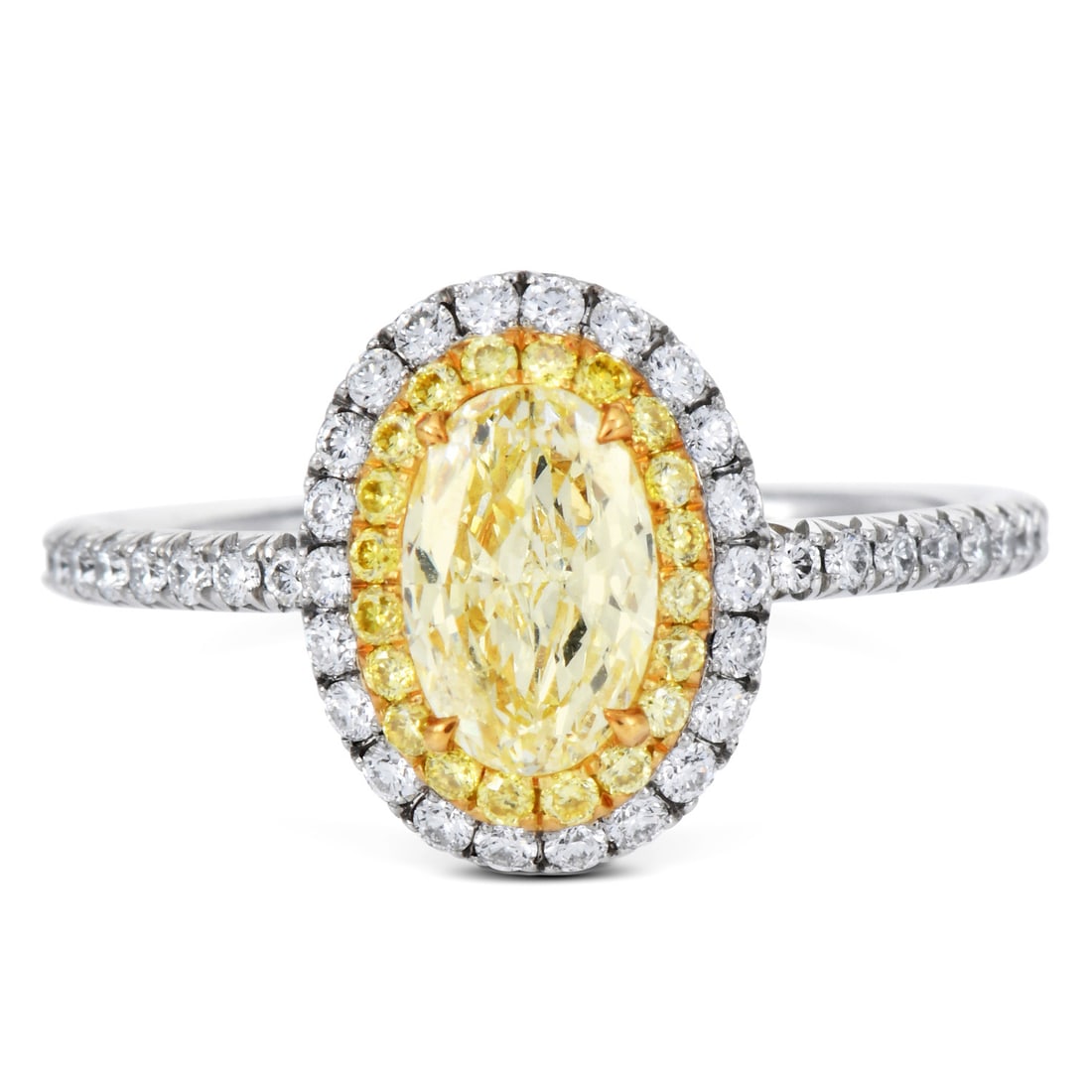 Leon Mege GIA Yellow Diamond Platinum & 18K Yellow Gold Halo Engagement Ring: Leon Mege GIA Yellow Diamond Platinum & 18K Yellow Gold Halo Engagement Ring Designer: Leon Mege SKU: WD-JUBE-03 Ring Size: 6.75 Center Dia