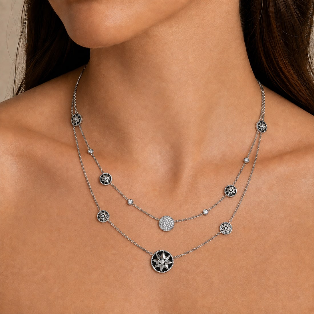 Dior Dior Rose des Vents Mayenne Joaillerie 18K White Gold Onyx, Mother-of-Pearl Diamond Necklace: Dior Rose des Vents Mayenne Joaillerie 18K White Gold Onyx, Mother-of-Pearl & Diamond Necklace Brand: Dior Collection: Rose des Vents Designer: Victoire de C