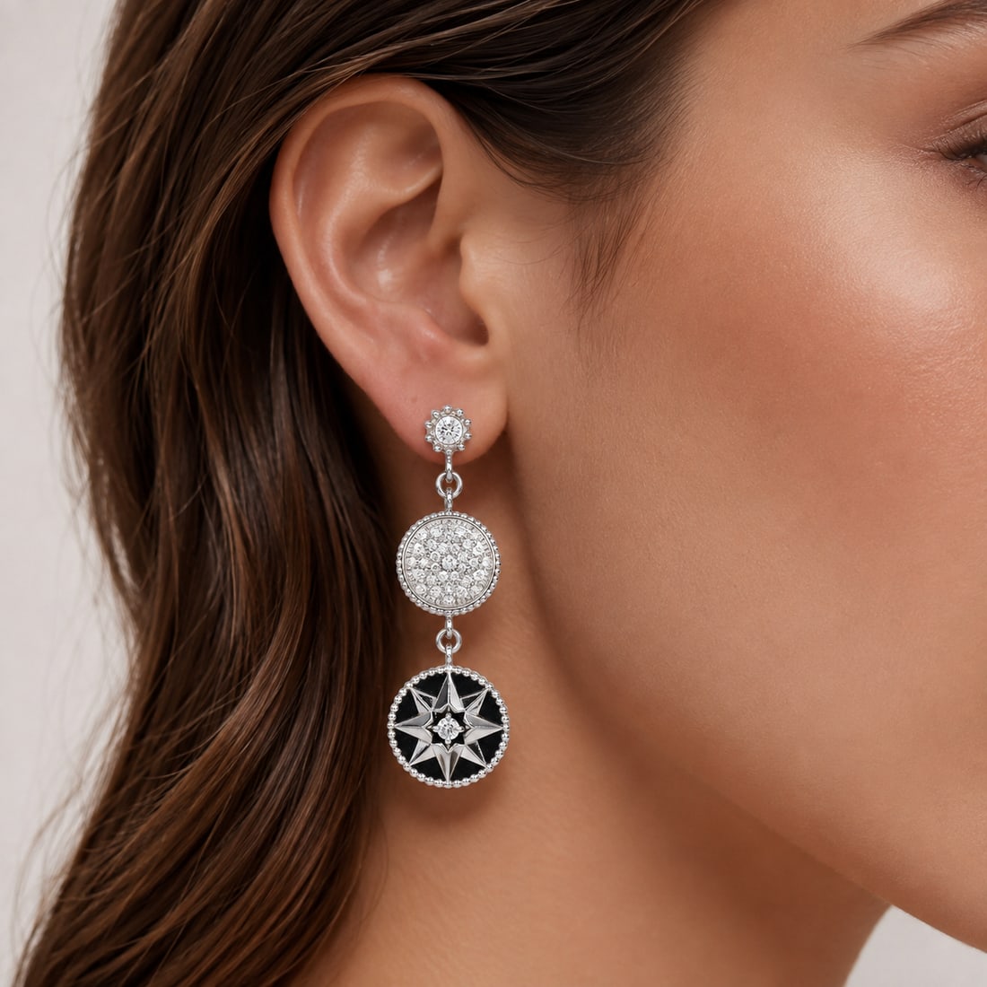 Dior Rose des Vents Mayenne Joaillerie 18K White Gold Onyx Diamond Earrings Retail $16,000: Dior Rose des Vents Mayenne Joaillerie 18K White Gold Onyx & Diamond Earrings Brand: Dior Collection: Rose des Vents Designer: Victoire de Castellane <