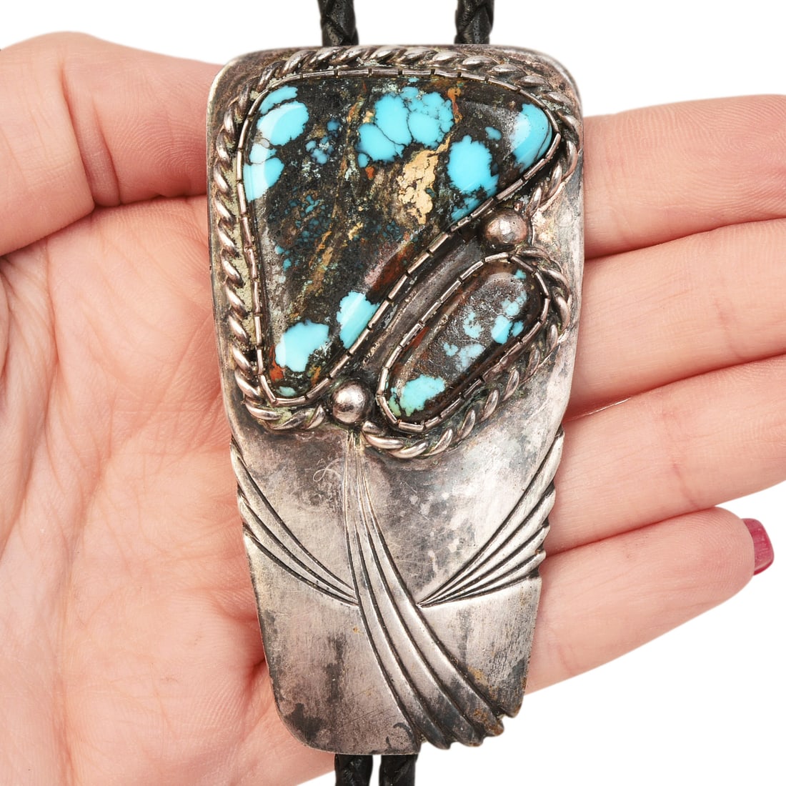 Vintage Turquoise Sterling Silver Bolo Tie 66.3 Grams (1 of 4)