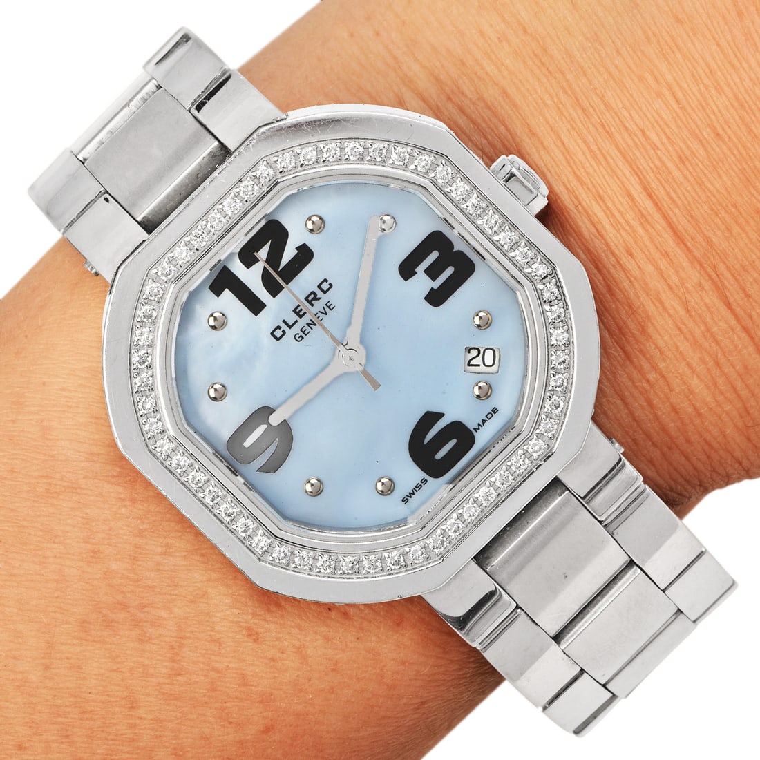 Clerc Lady's Stainless Steel Mother-of-Pearl Diamond Wristwatch: Clerc Lady's Stainless Steel Mother-of-Pearl Diamond Wristwatch Brand: Clerc Model: CID-SB2 Dial: Mother-of-pearl (MOP) Diamond Details: A