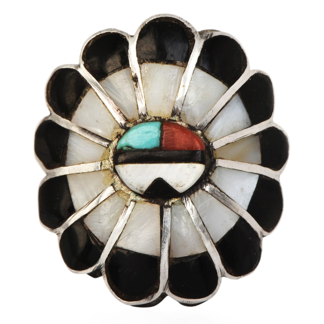 Vintage Coral, Turquoise, Mother of Pearl & Onyx Inlay Sterling Silver Cocktail Ring: Vintage Coral, Turquoise, Mother of Pearl & Onyx Inlay Sterling Silver Cocktail Ring DESCRIPTION: Vintage sterling silver cocktail ring featuring a bold, large-format design with colorful inlay work i