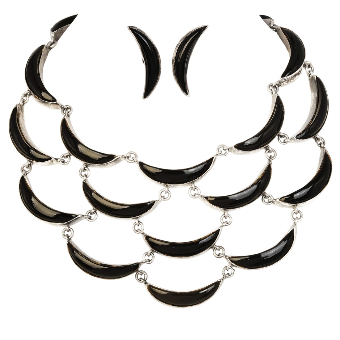 Vintage Antonio Pineda Taxco Mexican Modernist Obsidian & Sterling Silver Jewelry Suite - 3