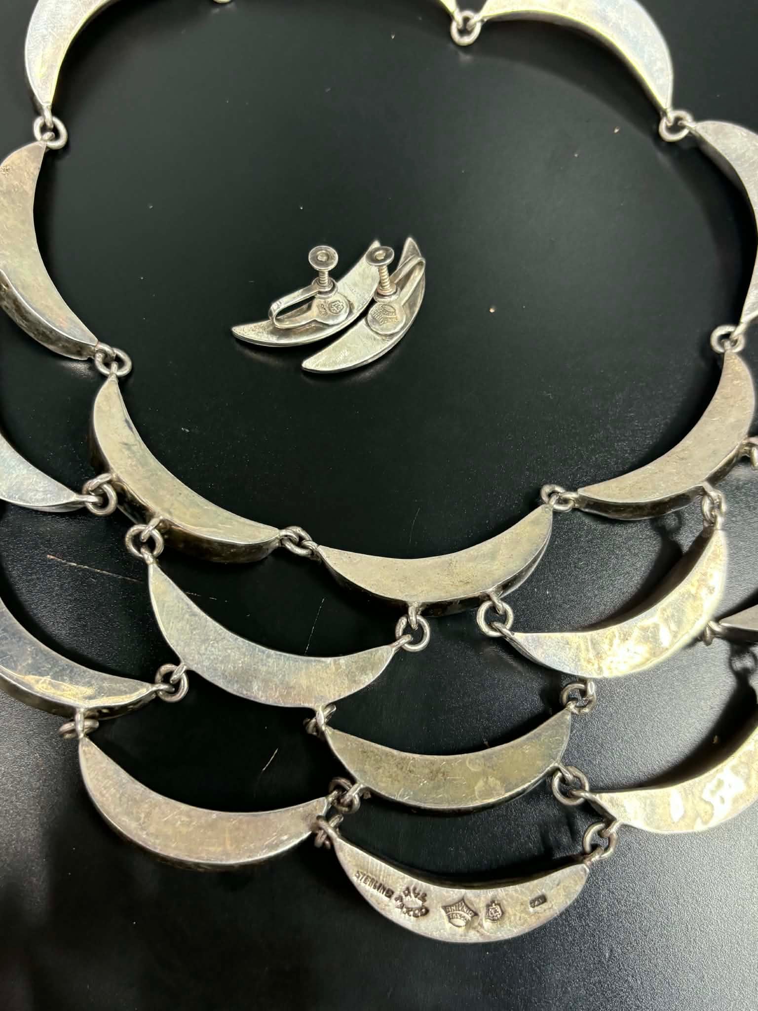 Vintage Antonio Pineda Taxco Mexican Modernist Obsidian & Sterling Silver Jewelry Suite - 7