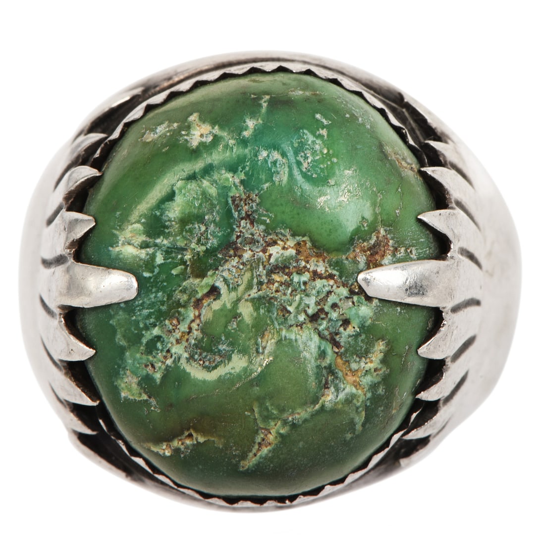 Vintage Antonio Pineda Taxco Mexican Modernist Obsidian & Sterling Silver Jewelry Suite: Vintage Zuni FG-Signed Green Turquoise Sterling Silver Claw Cocktail Ring DESCRIPTION: Bold vintage Zuni cocktail ring featuring a striking green turquoise cabochon secured in a distinctive claw-style
