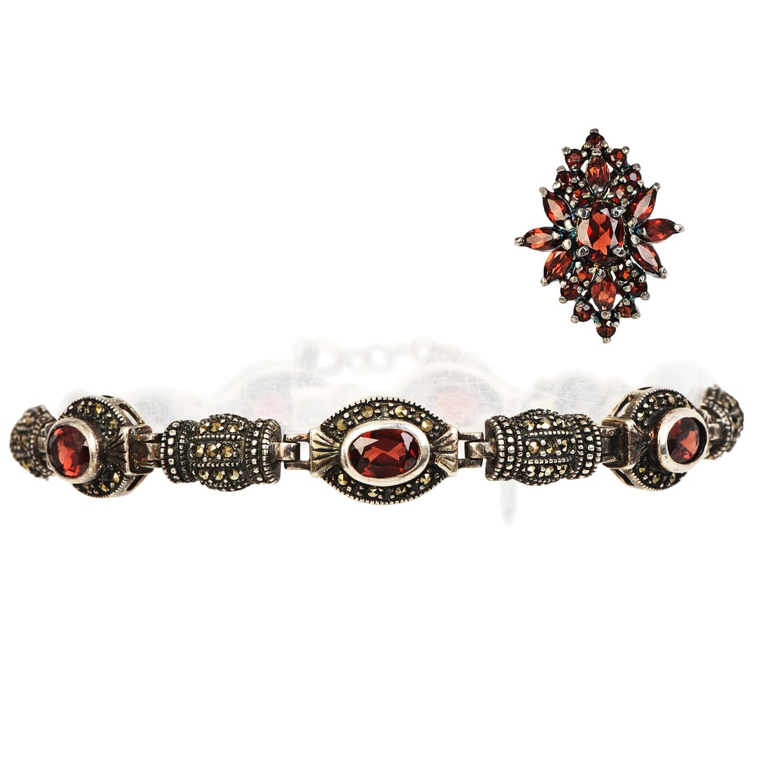 Vintage Matching Garnet Sterling Silver Cocktail Ring & Bracelet Set 32.6 grams (1 of 6)
