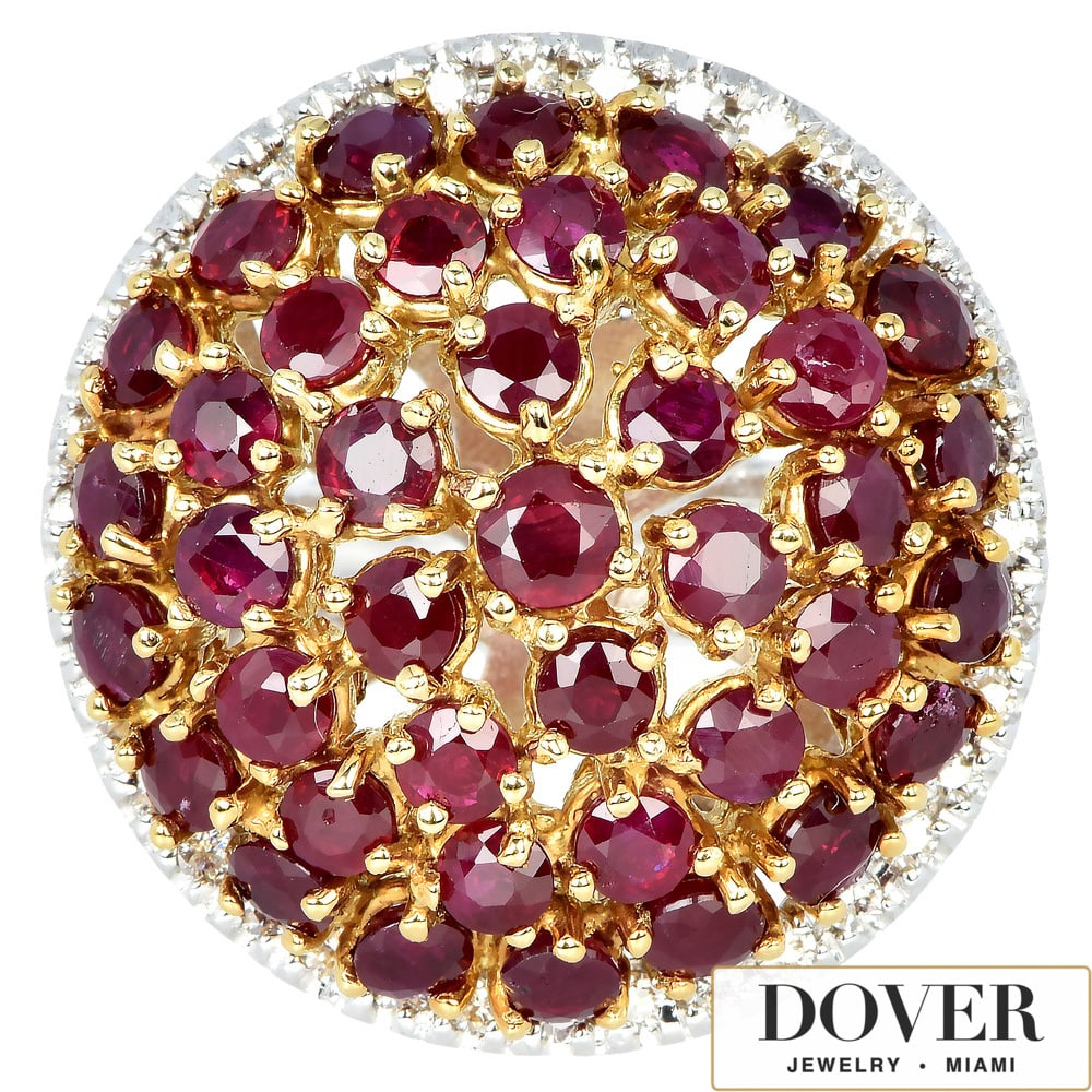 Vintage Diamond 5.70ct Ruby 18K Gold Dome Cluster Cocktail Ring 18.7 Grams: Vintage Diamond & Ruby 18K Two-Tone Gold Dome Cluster Cocktail Ring DESCRIPTION: Bold vintage dome cocktail ring crafted in contrasting 18K yellow and white gold, featuring a substantial cluster desig