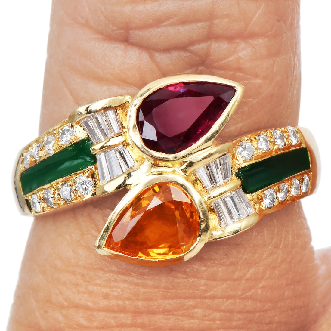 Vintage Ruby Sapphire 1.70ct Diamond 18K Yellow Gold Enamel Bypass Ring 5.8 Grams: Vintage Ruby, Sapphire, Diamond 18K Yellow Gold Enamel Bypass Ring Description: Vintage bypass ring set with ruby, yellow sapphire, and diamonds in 18K yellow gold with enamel accents. Metal: 18K