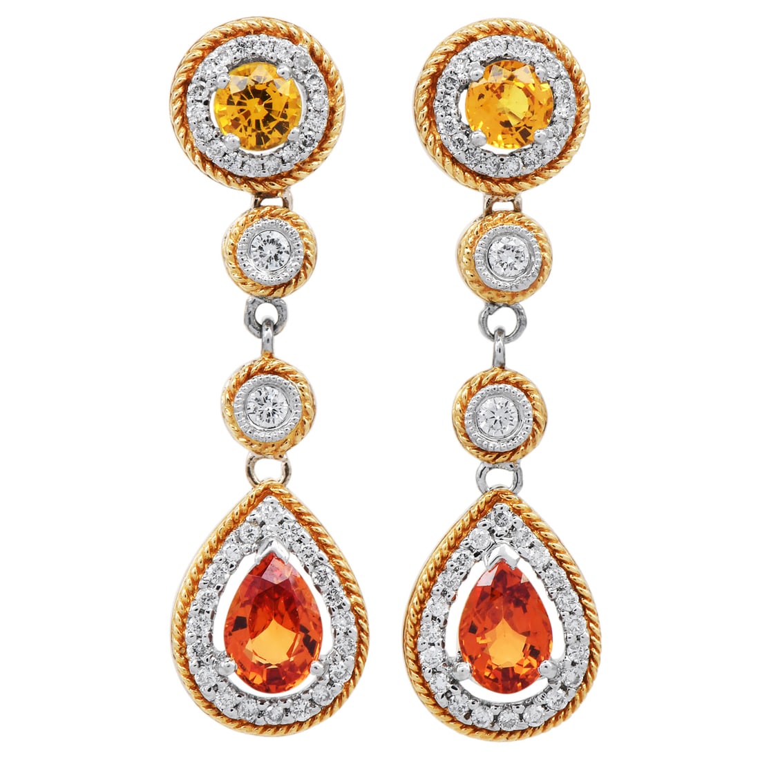 Yellow & Orange Sapphire 3.44ct Diamond 14K White and Yellow Gold Dangle Earrings: Yellow & Orange Sapphire Diamond 14K White and Yellow Gold Dangle Earrings Description: Dangle earrings featuring orange and yellow sapphires accented with diamonds in 14K white and yellow