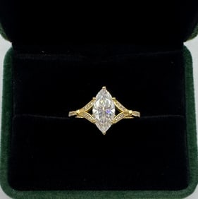Marquise Moissanite Ring Mounted in Sterling With Yellow Gold Overlay, COA & Box