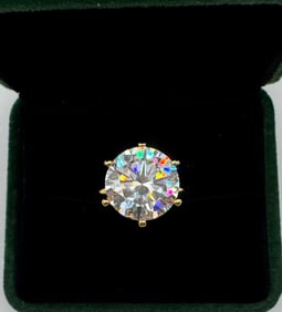 10 CT Moissanite Ring Mounted in Sterling W/ Yellow Gold Overlay, COA & Box