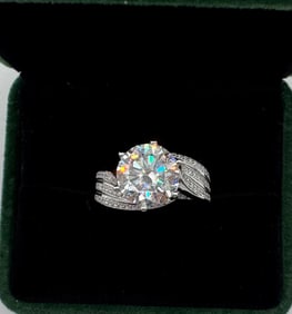 5 CT Moissanite Ring Mounted in Sterling W/ White Gold Overlay, COA & Box