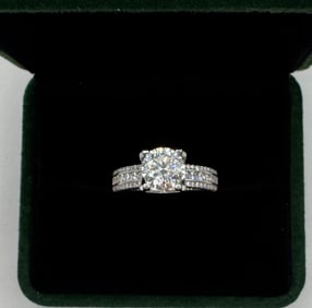 Moissanite Ring Mounted in Sterling W/ White Gold Overlay, COA & Box