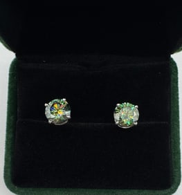 Moissanite Green Earrings Mounted in Sterling W/ White Gold Overlay, COA & Box