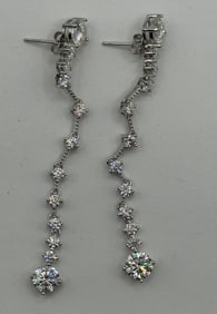Moissanite Long Earrings in Sterling W/ White Gold Overlay & COA