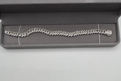 Moissanite Cuban Bracelet in Sterling with White Gold Overlay, with Report & Box