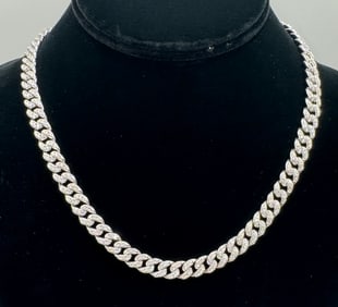 Moissanite Cuban Necklace in Sterling with White Gold Overlay, with Report & Box