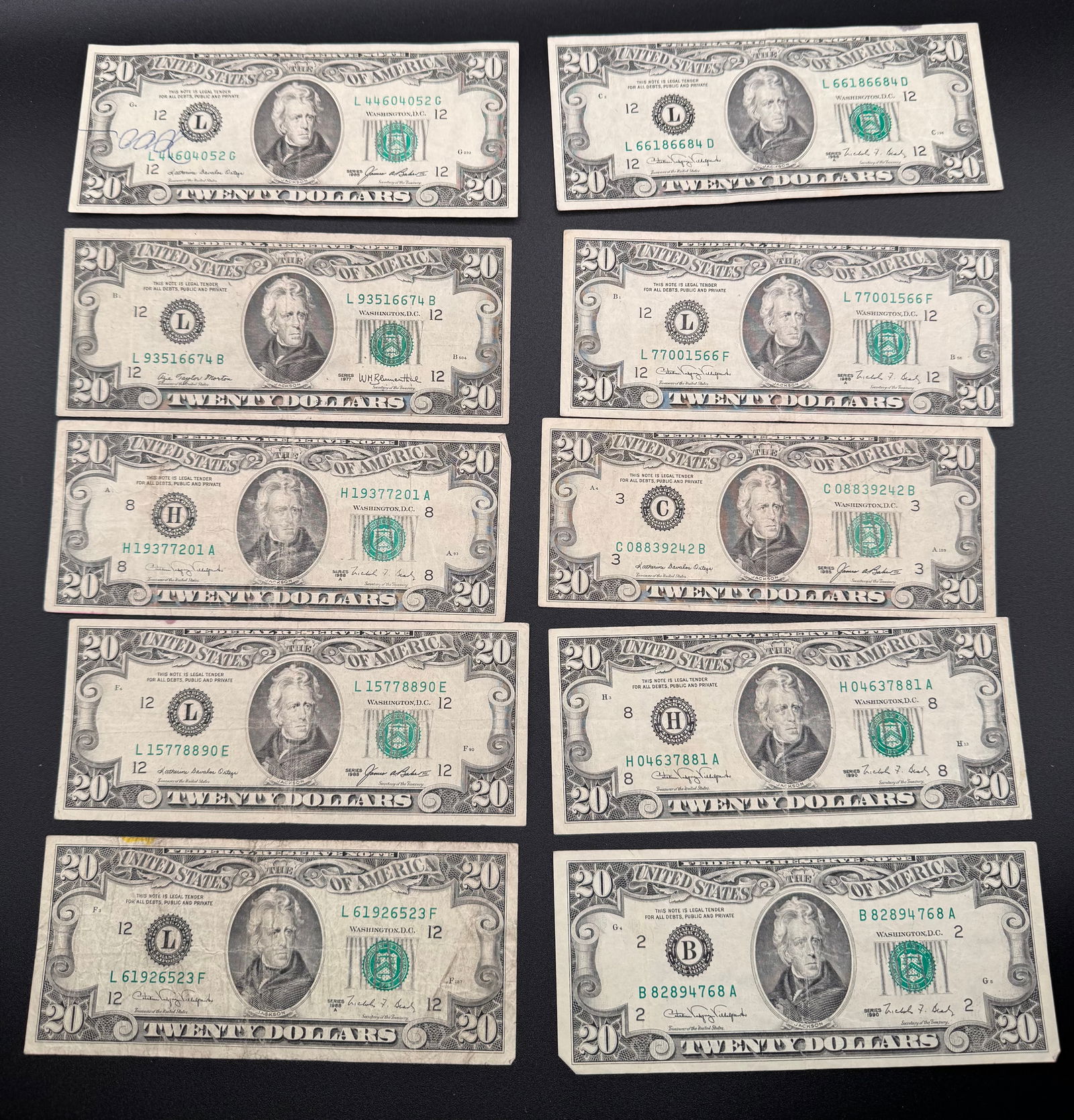 Ten 1980s Twenty Dollar Bills: Ten 1980s Twenty Dollar Bills. Face Value $200