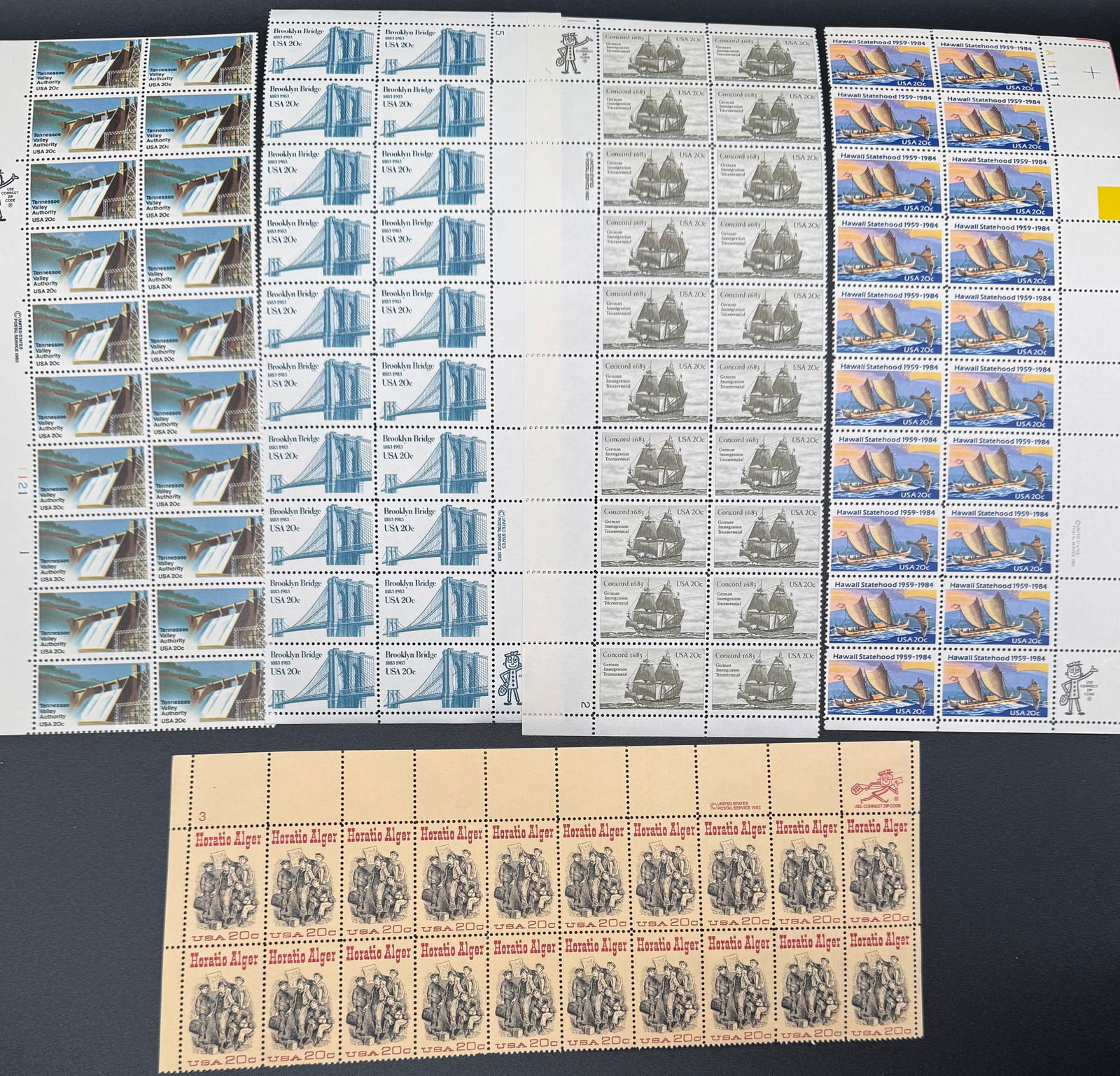 Stamps Sheets Lot Of Brooklyn Bridge, Tenesse Valley, Concord, Hawaii & Horatio Alger (1 of 1)