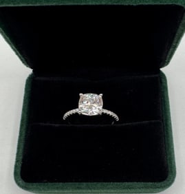 Cushion Moissanite Ring Mounted in Sterling With White Gold Overlay, COA